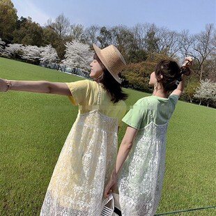孕妇装夏套装时尚中长p款洋气网纱裙夏天遮肚吊带孕妇连衣裙两件