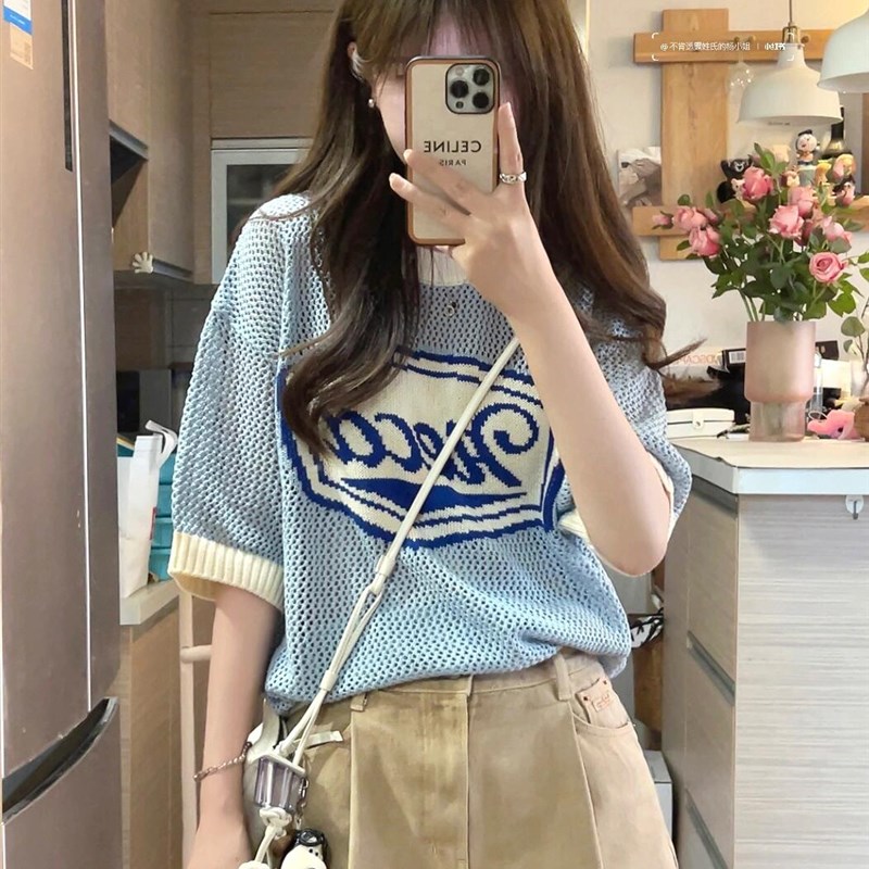 热销韩国ins博主fever同款宽松蓝色镂空冰丝针织衫短袖上衣t恤女
