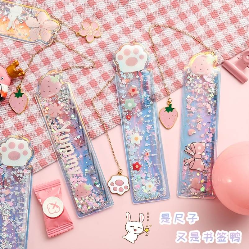 创意樱花入油流沙尺子可爱卡通超萌少女心学生用文具软尺吊坠书签
