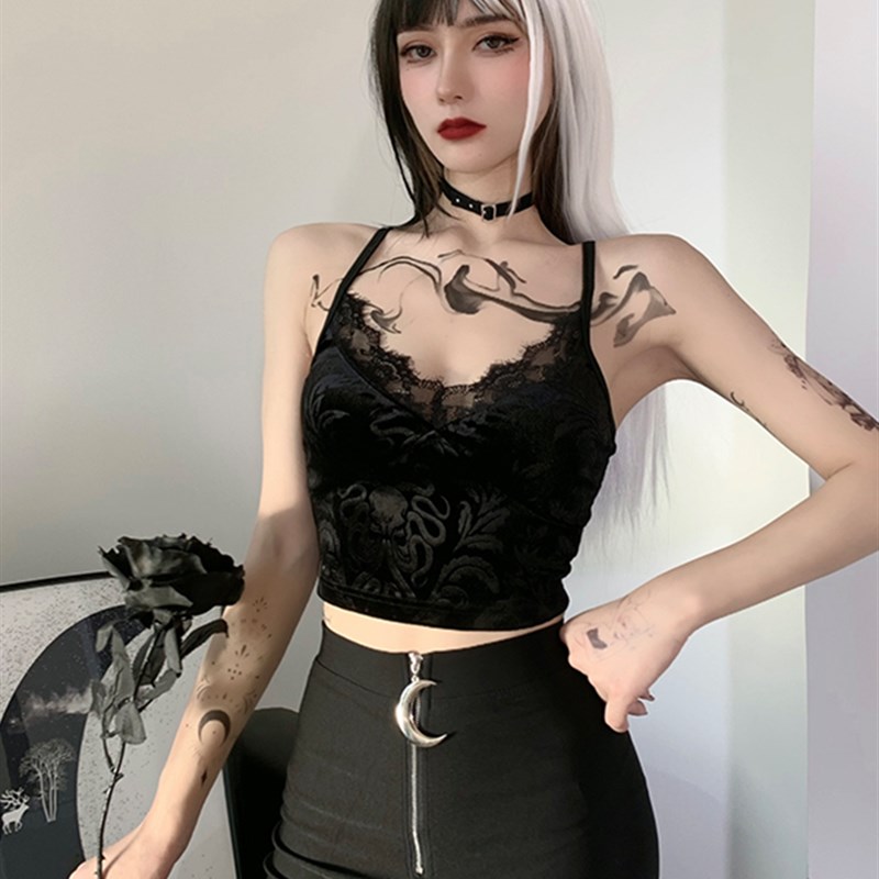 InsGoth Mall Goth Lace Trim yBlack Camis Vintage Aesthetic