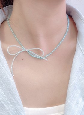 东大门清新浅蓝色透明水晶珠百搭串珠项链蝴蝶结chSoker颈链锁骨