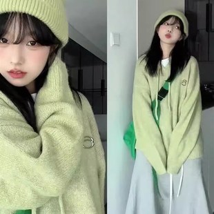 情侣上衣 美式 慵懒风软糯连帽毛衣女秋冬季 宽松帽衫 叠穿绿色针织衫