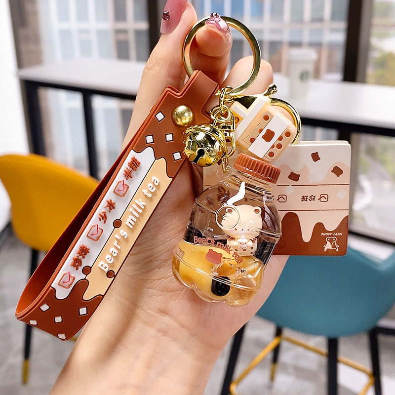 入油漂浮钥匙扣网红饮料奶茶杯液体挂饰女精致挂件小饰品书包迷你