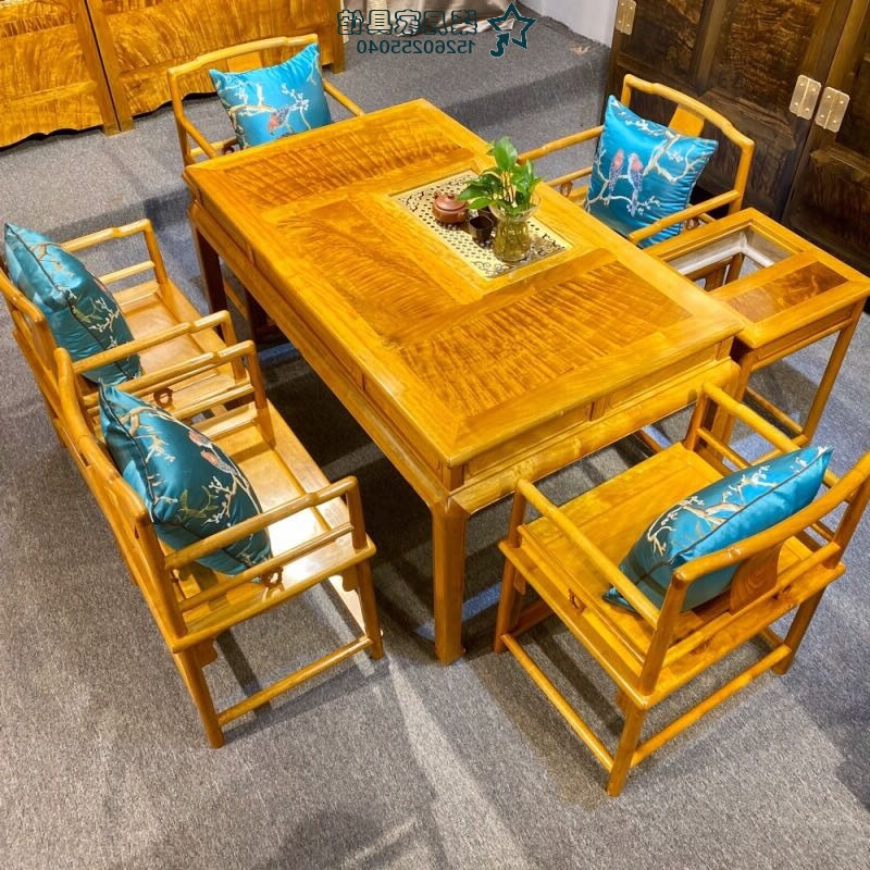 仙作金丝楠小叶满水波7件套茶桌实木家H具榫卯结构泡茶桌茶几茶水