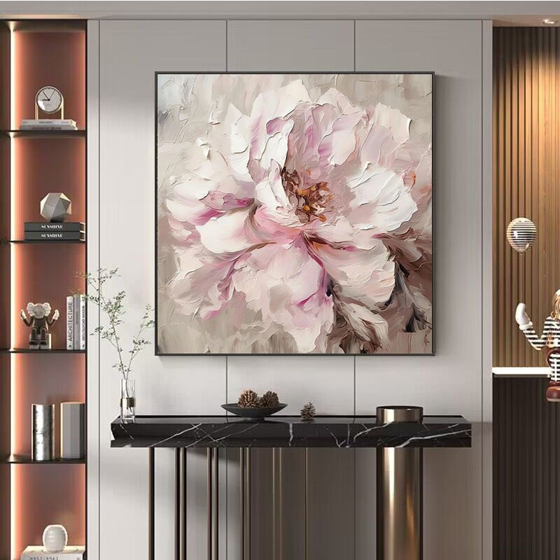 手绘油画粉色牡丹花餐厅装饰画正方形花开富贵肌理画小众床头壁画图片