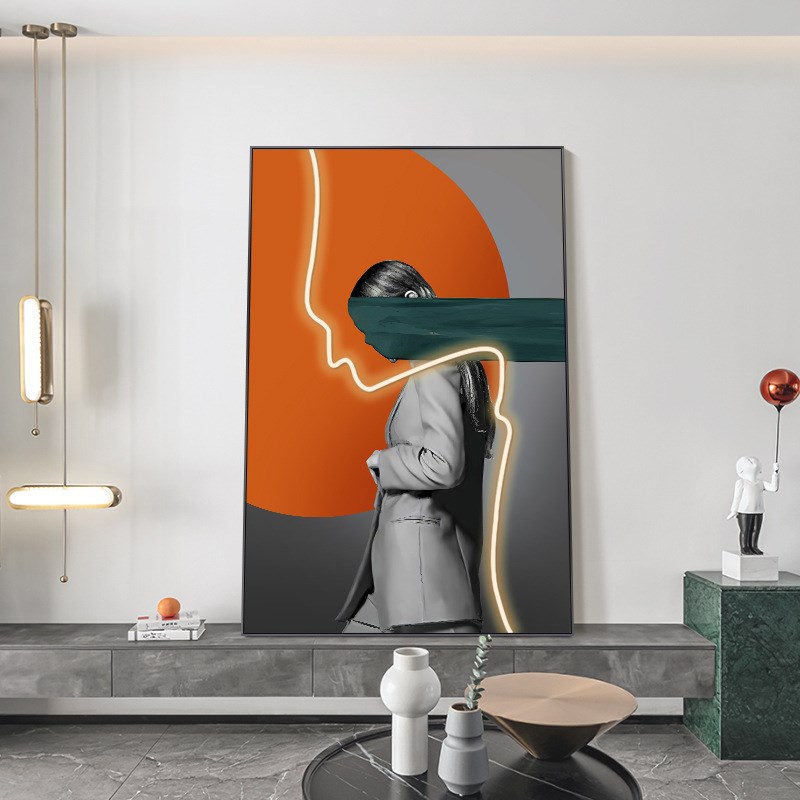 创意LED灯带少女人物装饰画现代轻奢客厅玄关背景墙大挂画落地画