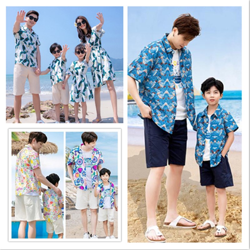岛服亲子装夏威夷父子花衬衫潮流男童复古港风衬衣海边度假沙滩装