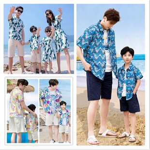 岛服亲子装夏威夷父子花衬衫潮流男童复古港风衬衣海边度假沙滩装
