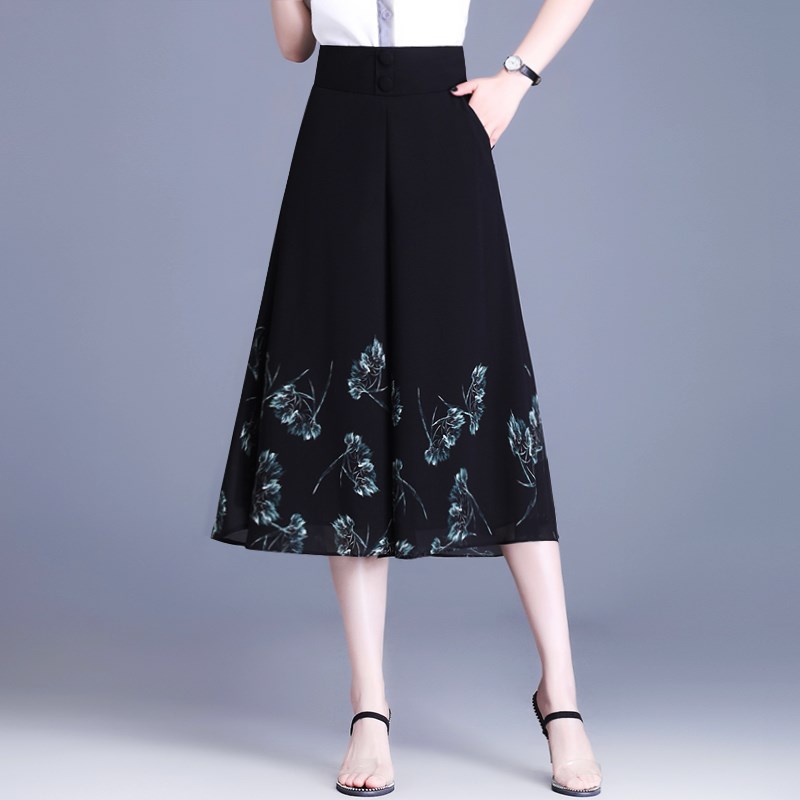 现货裙裤女夏新款2024爆款薄款七分裤宽松印花妈妈裤子垂感雪纺阔
