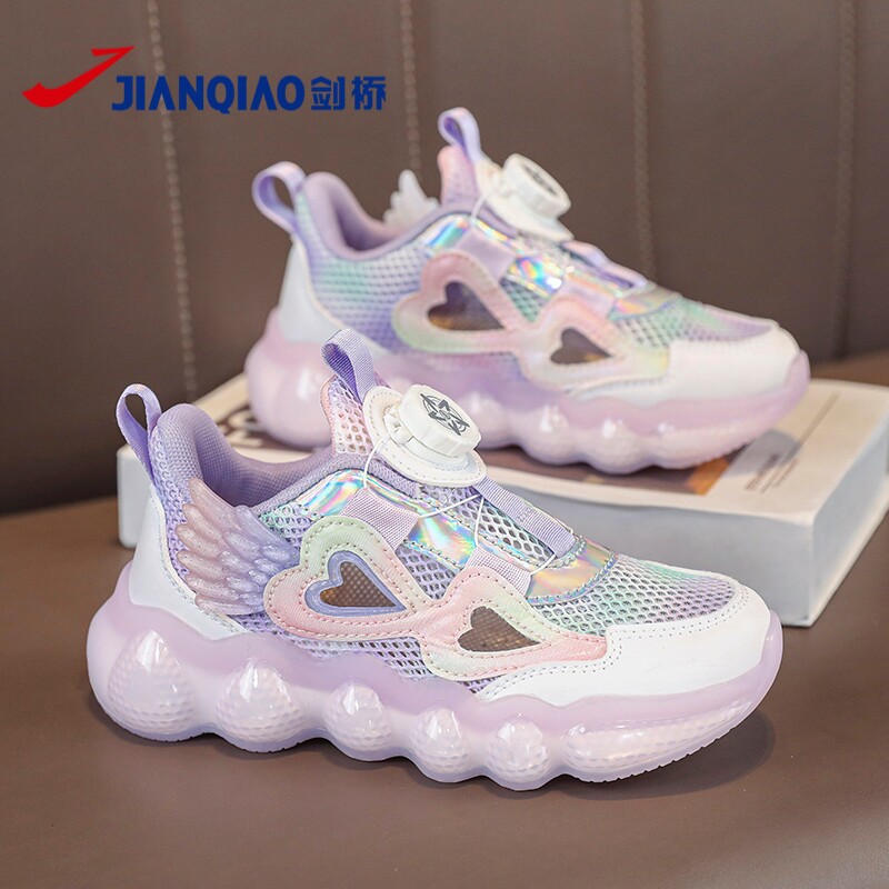 剑桥童鞋女童运动凉鞋2023夏季儿童单网透气镂空旋转y纽扣鞋中大