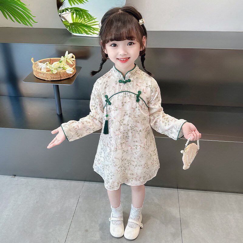 小众高货女小童中国风长袖碎花旗袍连衣裙2024秋装女宝宝洋气复古
