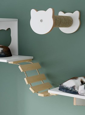 实木猫墙壁挂式猫窝猫爬架墙壁式跳台跳板爬梯木质墙上猫家具白色