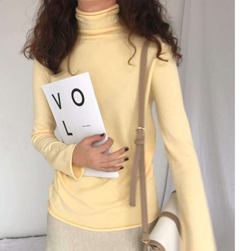 鹅黄色毛衣女高领修身弹性亮x黄色奶油黄上衣兔绒针织衫内搭打底