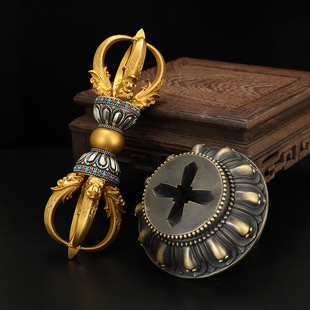 藏银件式五股金刚杵尼泊尔九股金刚铃杵把足黄铜镀金摆件佛奉法器