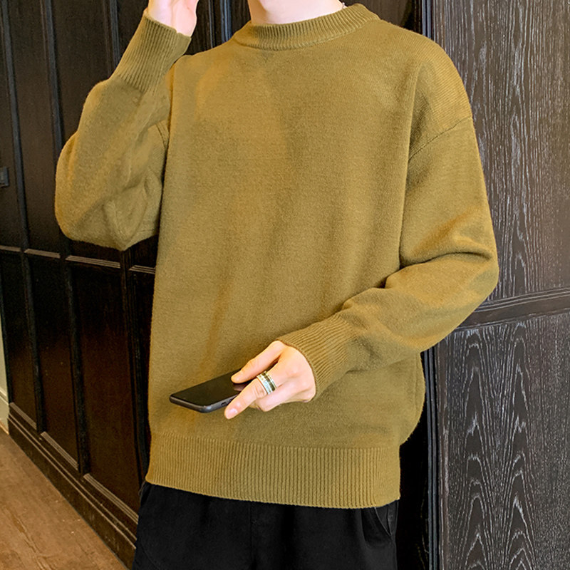 男士毛衣春秋季纯黑白色宽松加绒加厚圆领针织衫韩版休闲百搭打底