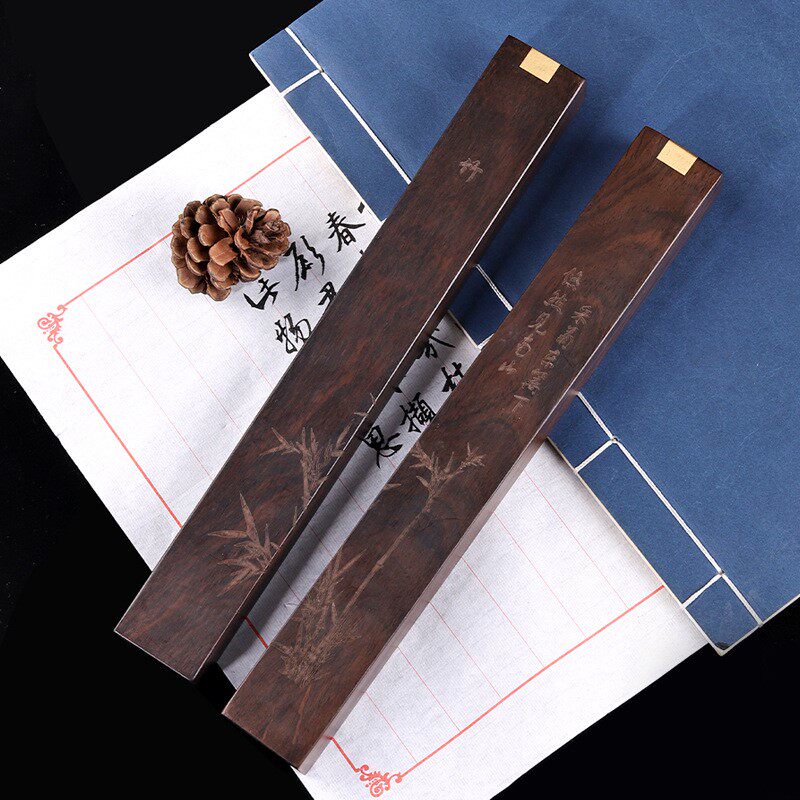 梅兰竹菊黑梓木镇尺镇纸雕刻梅花图案黑檀木压书压纸文z房书画用