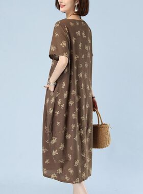 中老年夏季棉麻连衣裙女装2024新款妈妈宽松大码休闲亚麻碎花裙子