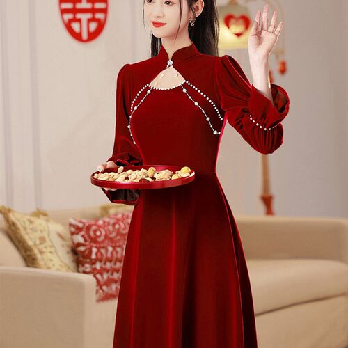 敬酒服新娘旗袍秋冬2023新款订婚长袖冬J天红色结婚礼服裙冬季中