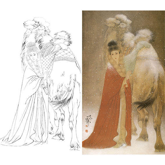 工笔画白描底稿人物何家英四大美女之昭君出塞实物白纸打印稿ZV31