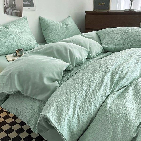 速发Simple Solid Color Waffle Washed Quilt Cover Bed Textile