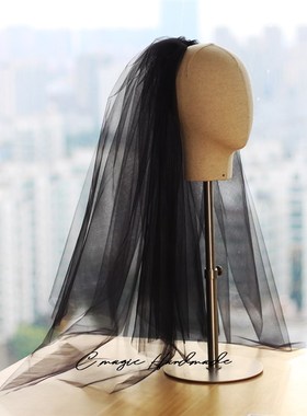 V652网e红复古蓬蓬黑色短头纱 森系超仙表演拍照道具旅拍新娘头饰