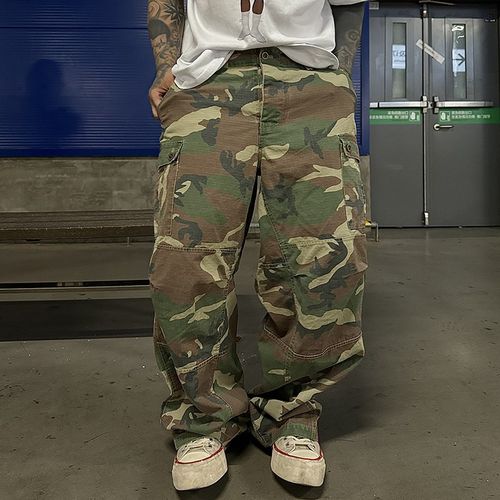 白鹤大人美式复古迷彩阔腿工装裤男水洗多口袋户外休闲宽松长裤子