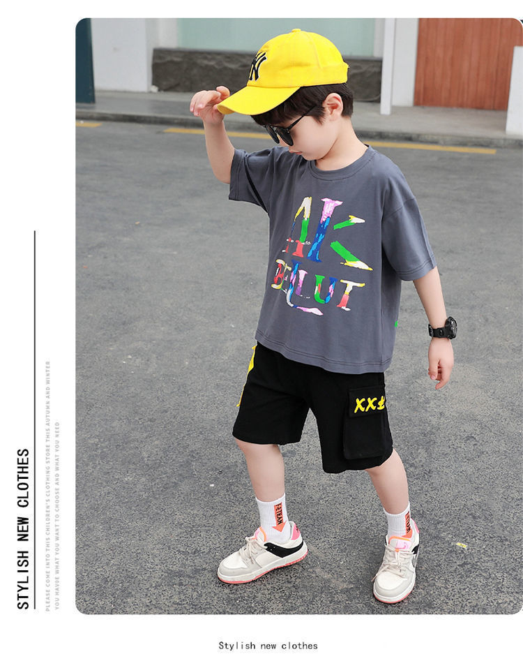 新品男童套装2022新款夏装儿童男宝宝短袖韩版帅洋W气运动卡通两