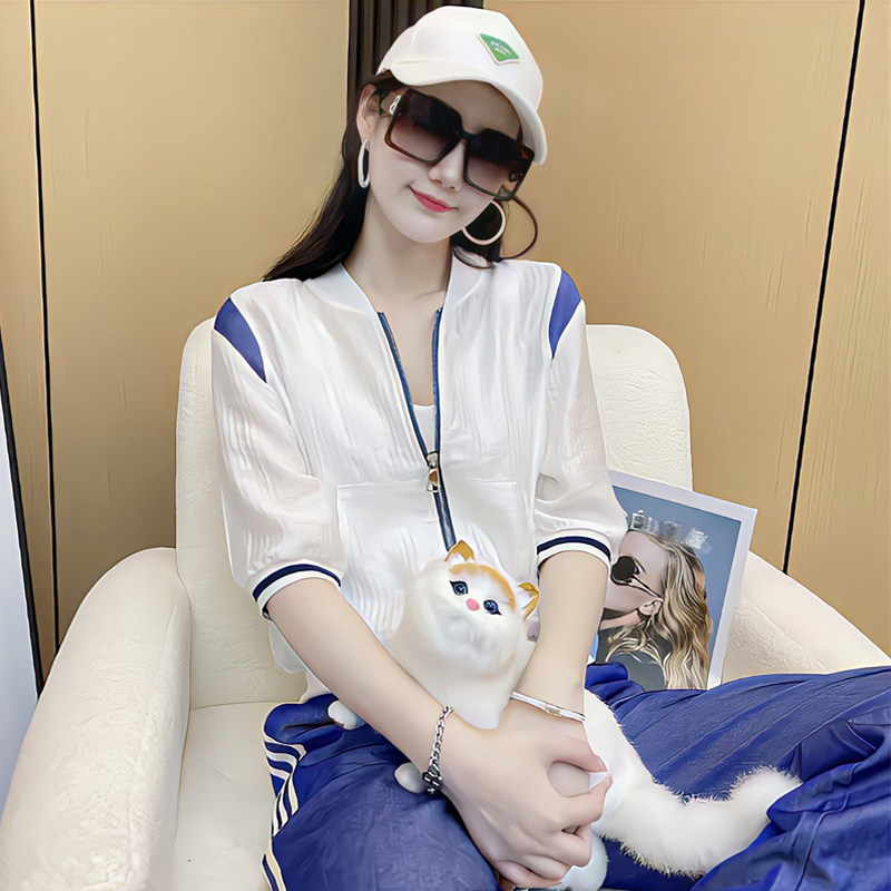 欧洲站休闲时尚套装女夏季2023年新款宽松棒球服短袖长裤两件套潮
