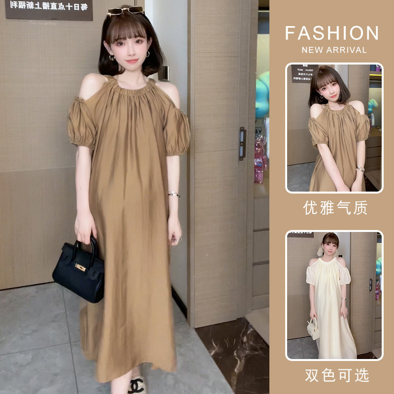 夏装孕妇裙子2023夏季新品宽松时尚露肩气质法式连衣裙雪纺长裙女