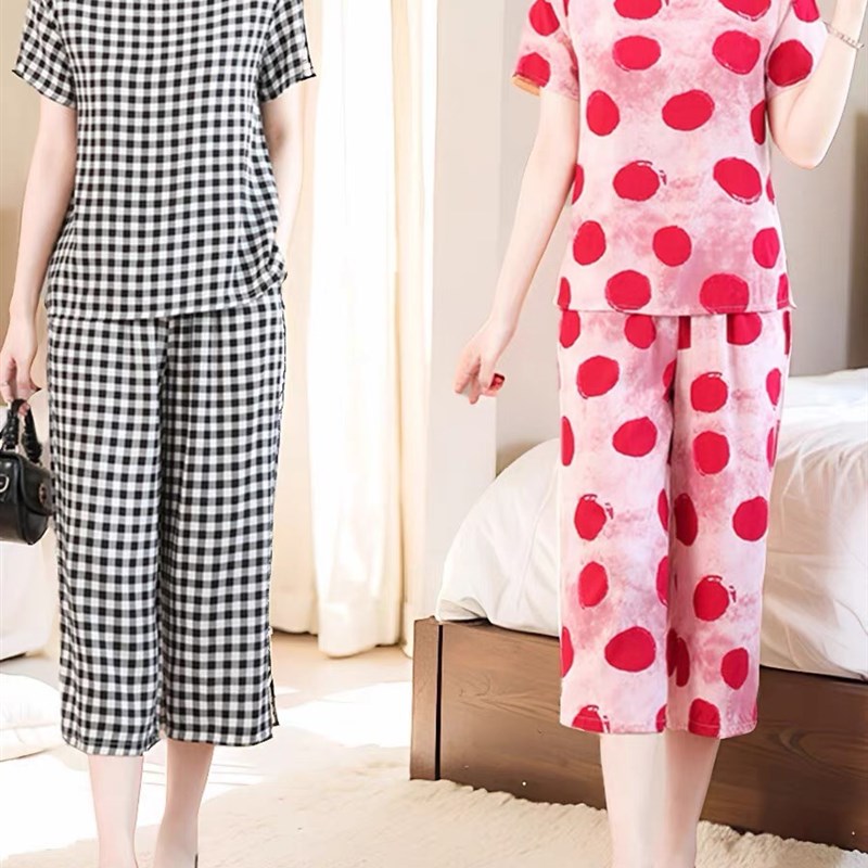 中年妈妈棉绸睡衣女夏款时尚薄款七分裤子套装人造棉家居服可外穿