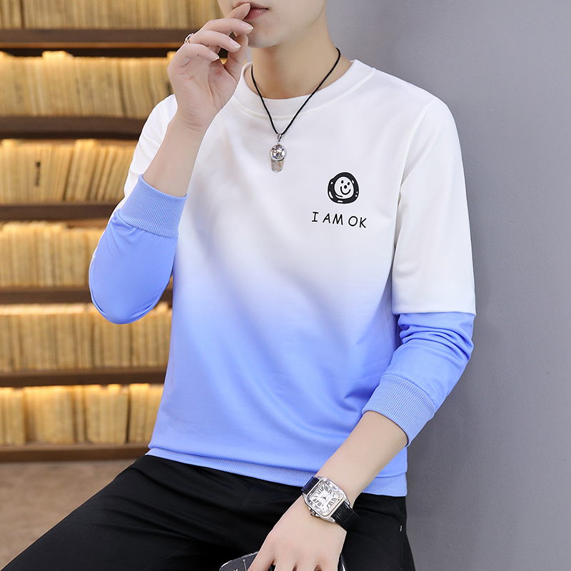 夏季新款薄款男装上衣服渐变长袖t恤男士春秋衣潮流时尚休闲卫衣