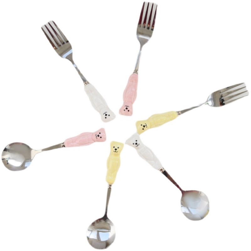 Cute Bear Spoon Fork Ceramic Dessert Spoons Dinnerware Cutle