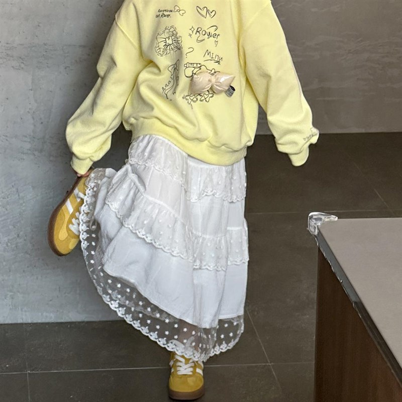 女童半身裙春秋2025新款韩版女孩春装蕾丝拼接白色公主裙春季裙子