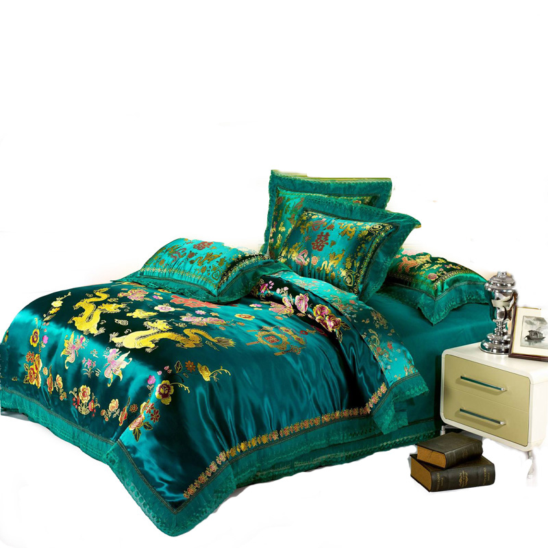 中式新婚金色丝绸织锦缎四件套全棉床单式结婚喜庆2m纯棉床单被套