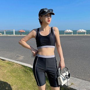 遮腿寬松遮肉顯瘦大碼 胖mm200斤條紋 五r分褲 分體三件套泳衣女長袖