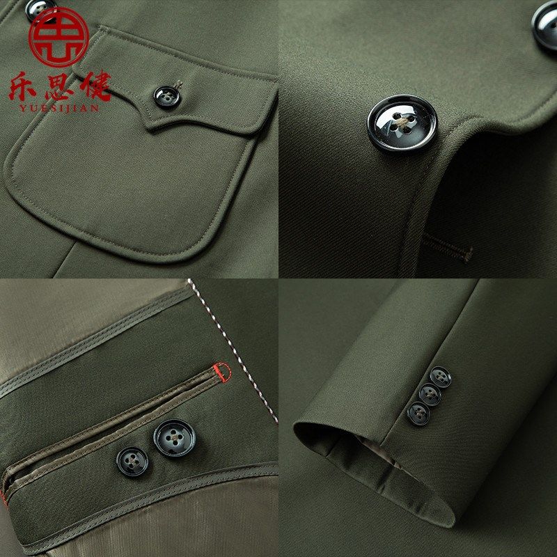 军绿中山装男套装中老年中山服老年军便服春秋冬爷爷爸爸老人服装