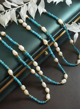 波西米亚饰品潮流时尚通勤彩色y石头珍珠项链小众设计中古潮流首