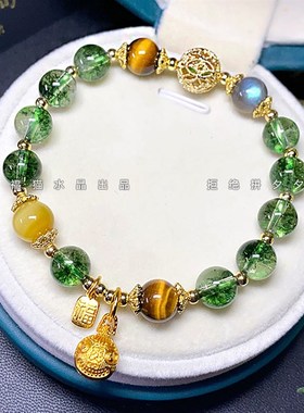 绿幽灵爆花晶绿水晶金发晶手链女绿色清新招财猫吞金兽转运手串女