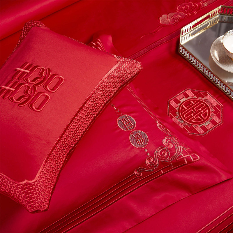 结婚四件套全棉婚庆刺绣纯棉大红色六八十件套新婚房喜被床上用品