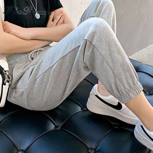 小矮个子七分休闲运动裤女夏季薄款显高高腰宽松八分哈伦萝卜裤子