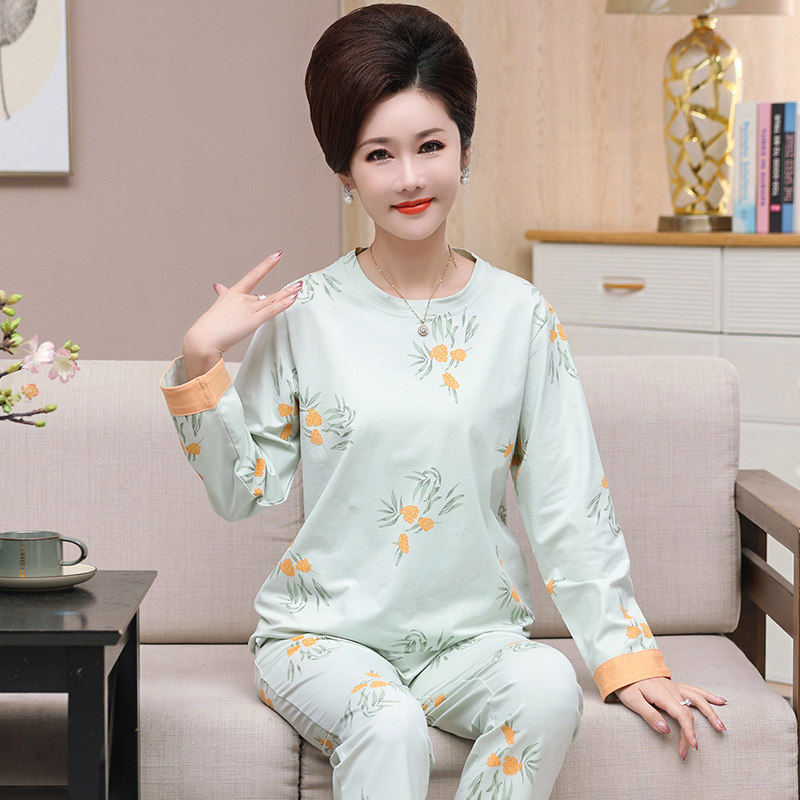 妈妈睡衣春秋款长袖套头薄款中年人妇女士秋季全棉大尺码家居服