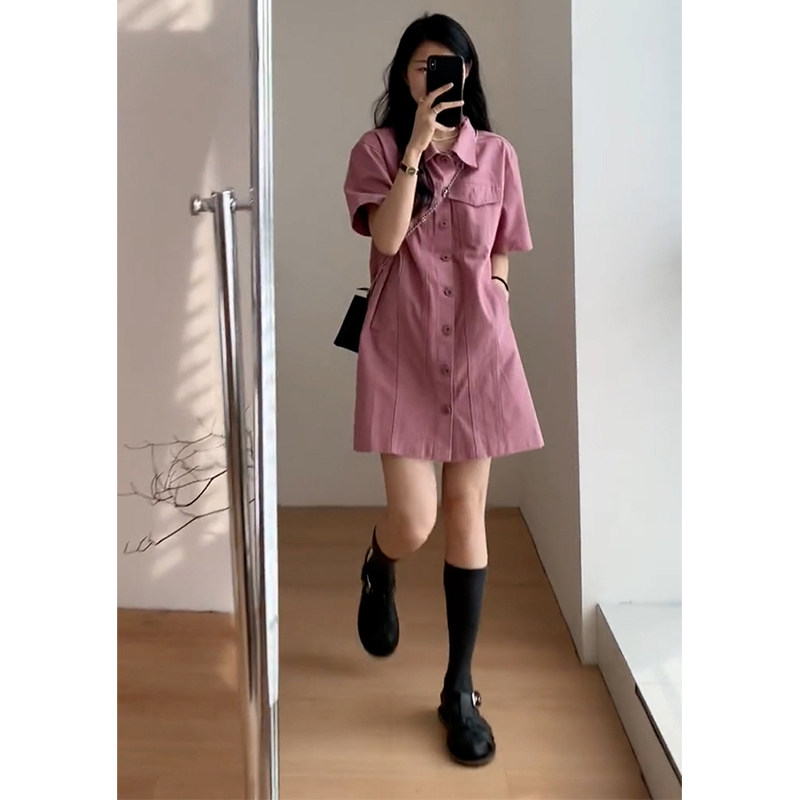 高端精致粉色牛仔连衣裙小众设计感法式绝美别致polo领裙子女夏季