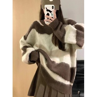 胖mm日系复古条纹毛衣女秋冬外穿宽松慵懒风温柔软糯针织上衣 大码