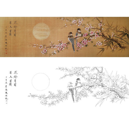 工笔画白描底稿桃花喜上眉梢楚彦春复古风实物打印稿尺寸可选CY18