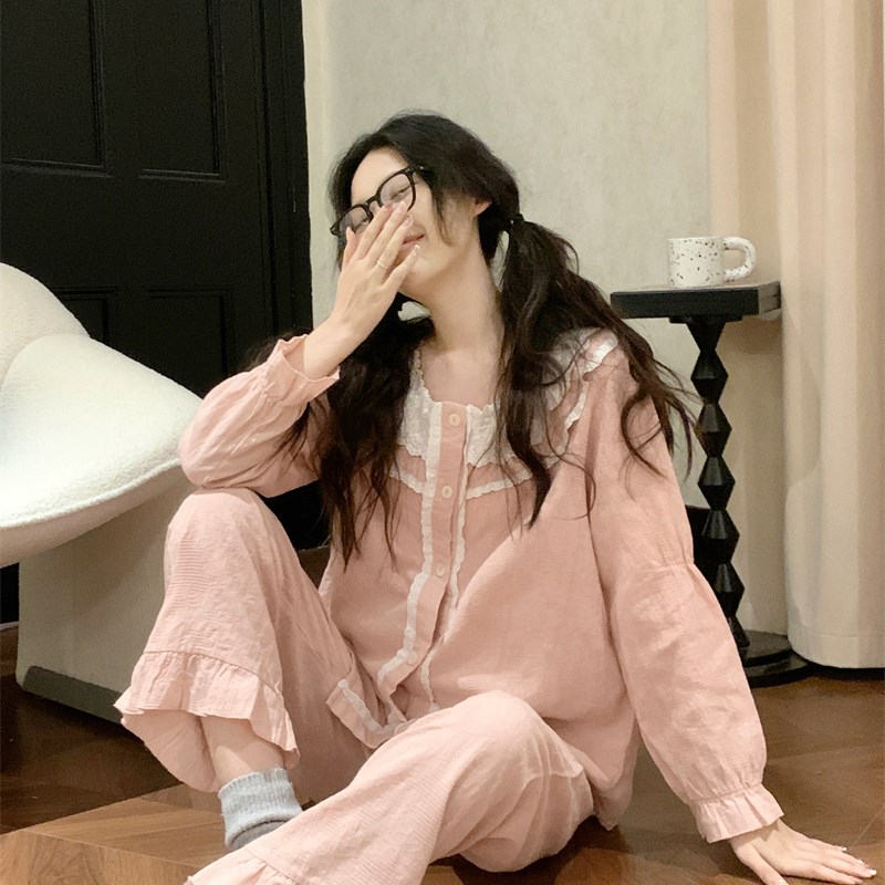 少女公主风温柔梭织棉睡衣女春秋季新款蔷薇粉花边长袖家居服套装