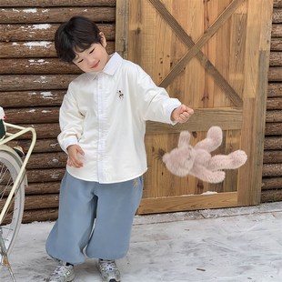 虾酱麻麻男童加绒白衬衫秋冬款2024新款宝宝卡通刺绣儿童长袖衬衣