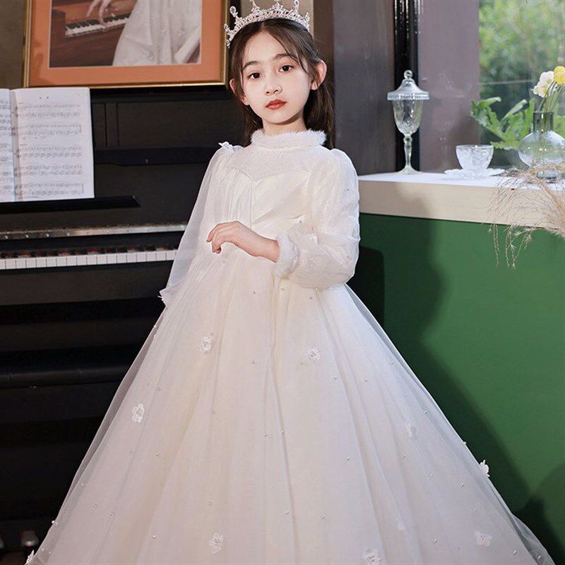 新品花童婚礼小女孩礼服生日公主裙儿童婚纱主持人长袖女童钢琴演