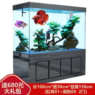 鱼缸客厅大型家用轻奢底滤超白玻璃水族M箱客厅落地隔断墙鱼缸
