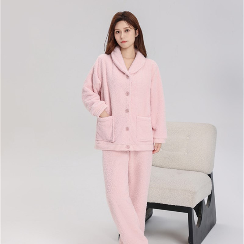 秋冬保暖加厚睡衣仿半边绒情侣家D居服青果领时尚休闲可外穿套装