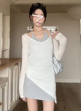 法式高级感灰色挂脖吊带连衣裙子女夏季F2024新款小个子穿搭一整